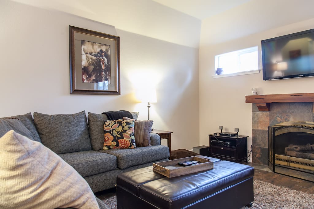 Cozy couch and fire place