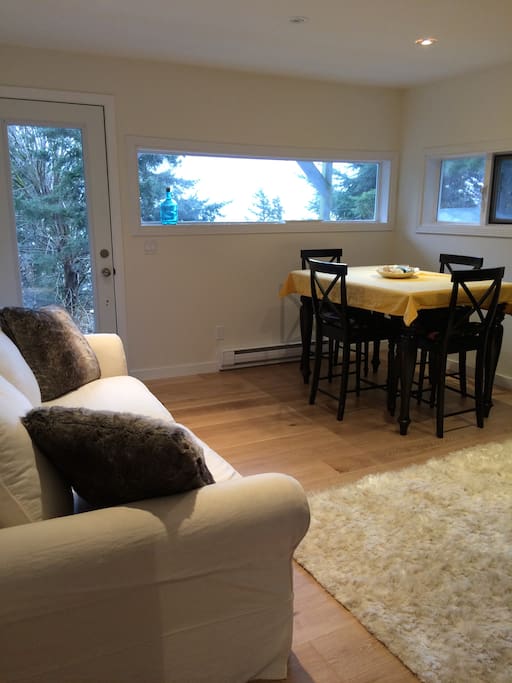 The living/kitchen/master has an ocean view and patio access and the table seats up to 8 with a leaf in it, cozy rug