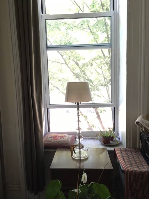 View out of the bedroom with trees and a basketball court