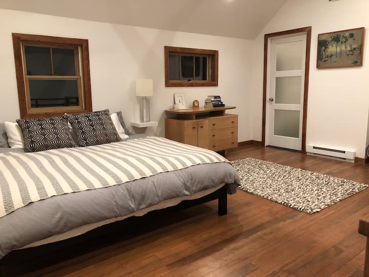 带阳台、天窗和拱形天花板的主卧室。