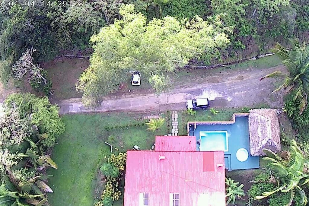 Aerial view of the whole studio including the parking area
