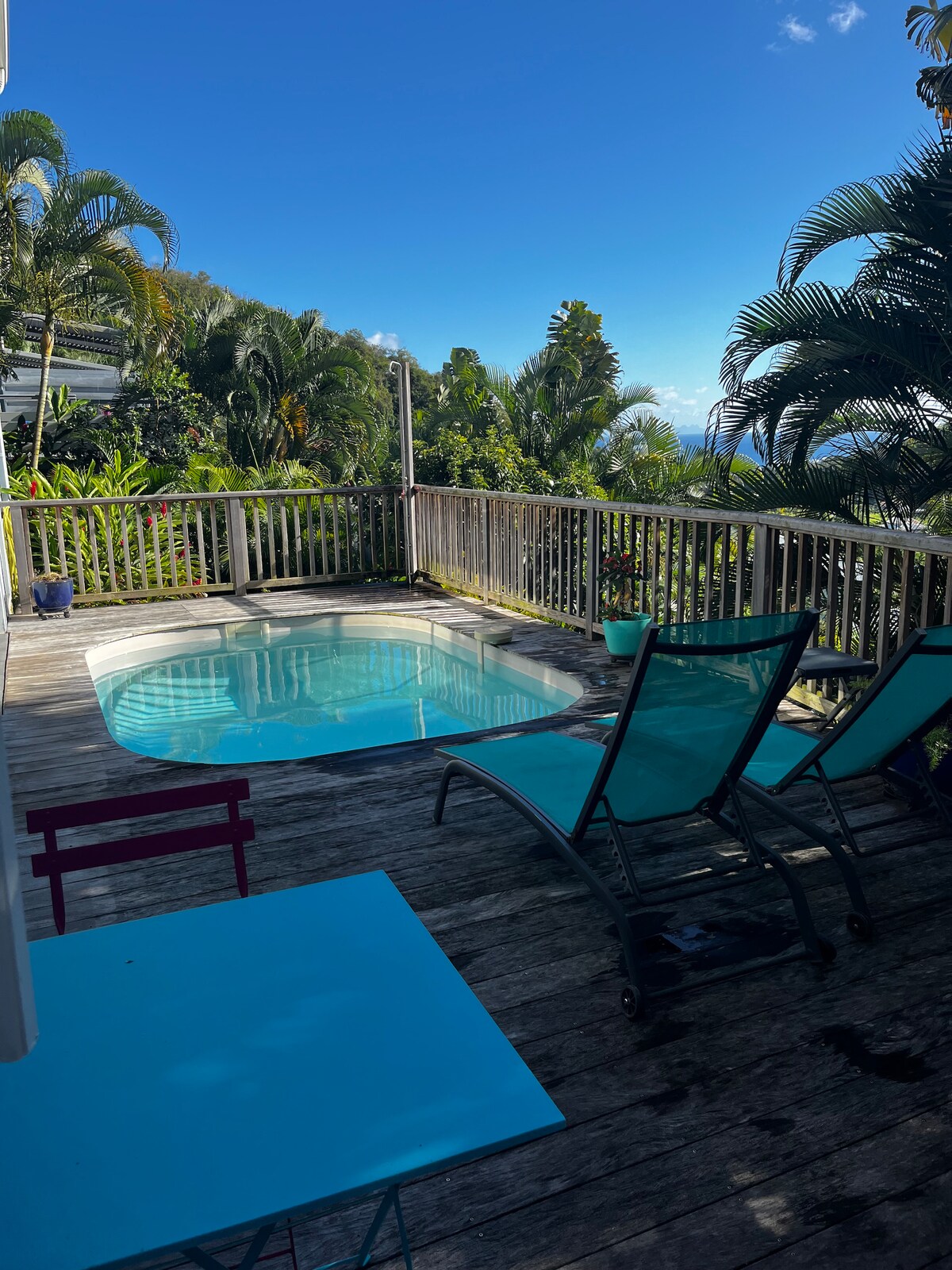 A private terrace features a rectangular pool surrounded by lush tropical greenery. Two teal lounge chairs are positioned beside the pool, offering a serene space for relaxation. A small blue table provides an additional seating area on the wooden deck.