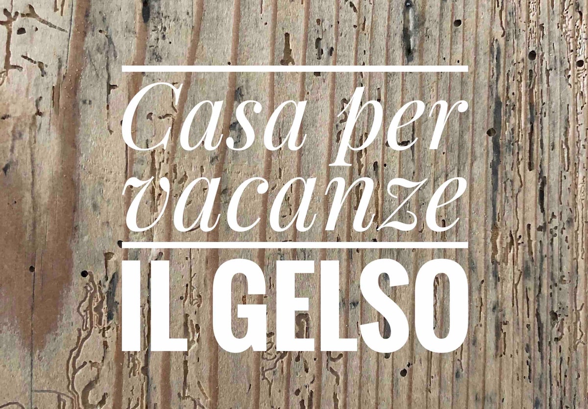 The image features a close-up of wooden panels with a weathered texture, creating a rustic ambiance. Bold white text is displayed in the center, indicating 'Casa per vacanze IL GELSO,' providing a clear identification of the holiday house.