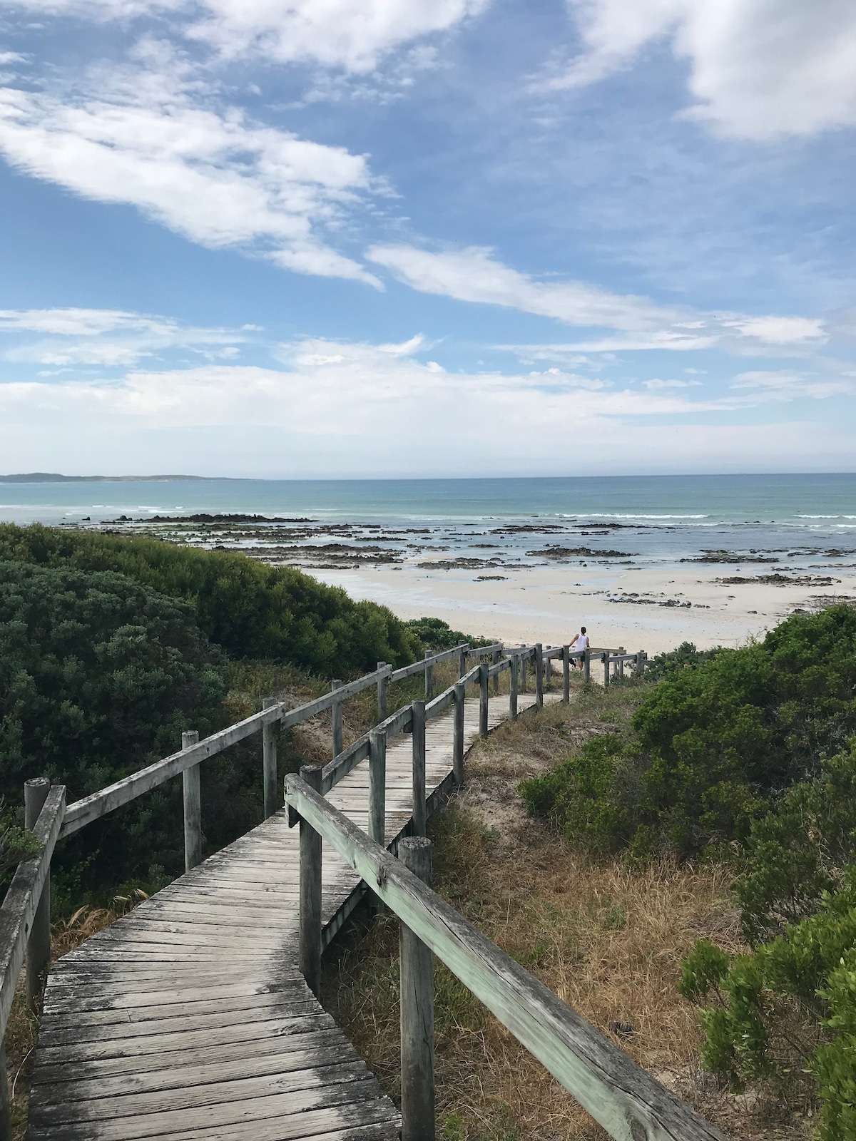 A wooden pathway winds through greenery, leading towards a sandy beach and ocean. The horizon showcases gentle waves under a clear sky with scattered clouds. The tranquil scenery invites exploration and enjoyment of nature's beauty.