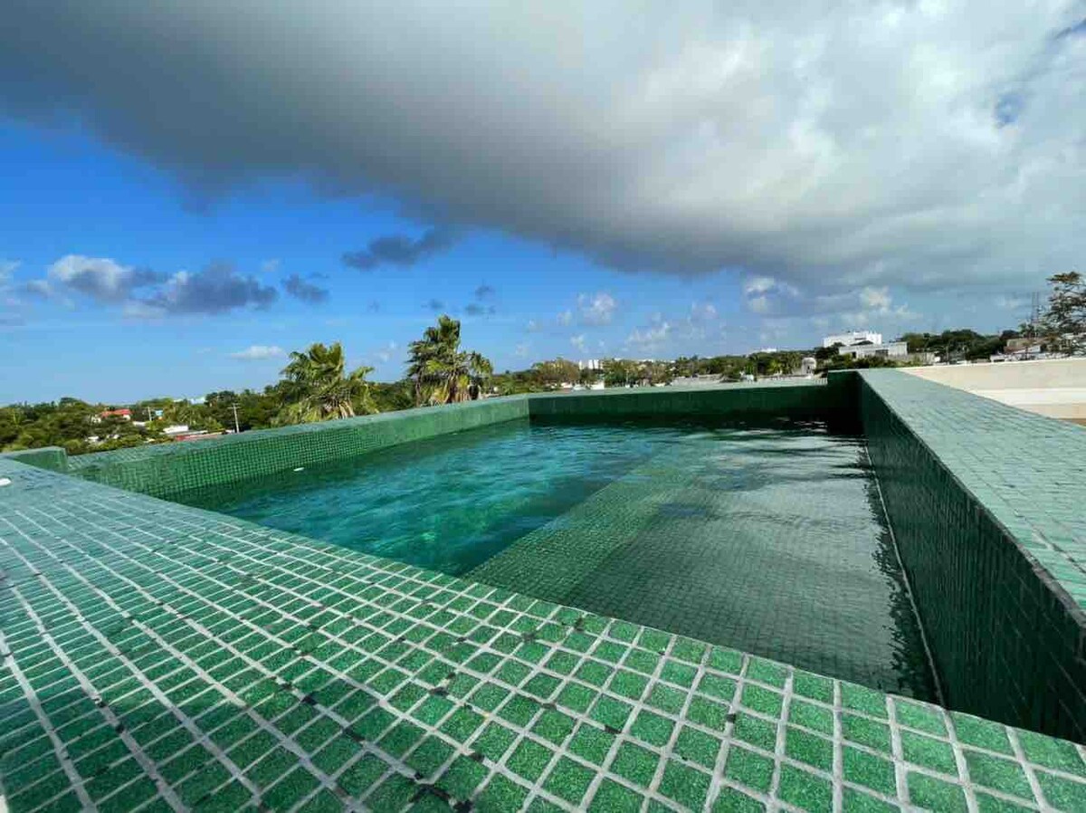 A rooftop infinity pool is framed by green mosaic tiles, offering a clear view of the sky and surrounding greenery. The tranquil water blends seamlessly with the horizon, creating an inviting space for relaxation.