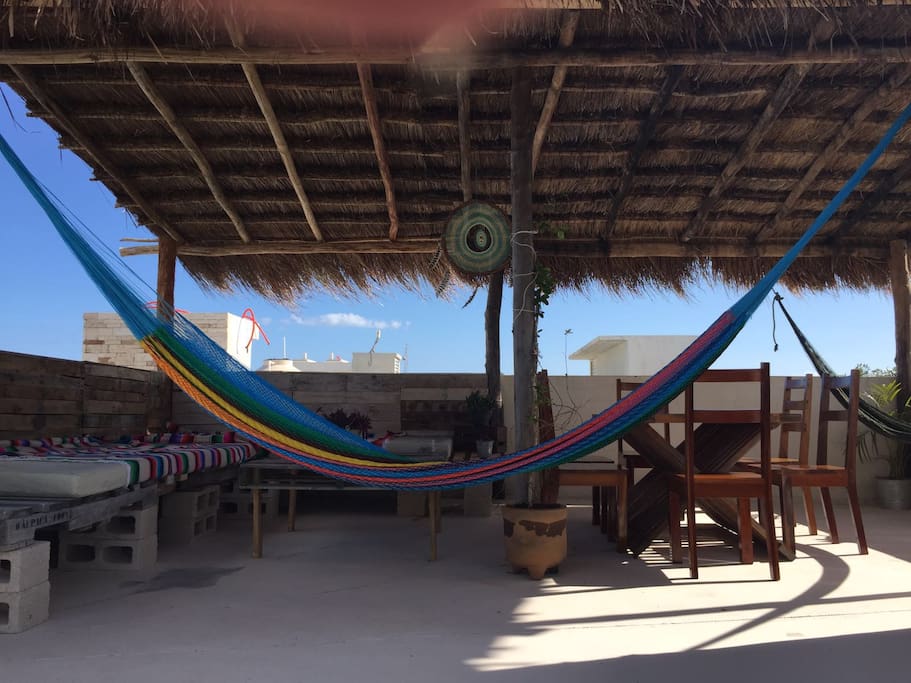 Nice terrace with a chill area dinning room and 2 hammocks with nice view and plant of the region