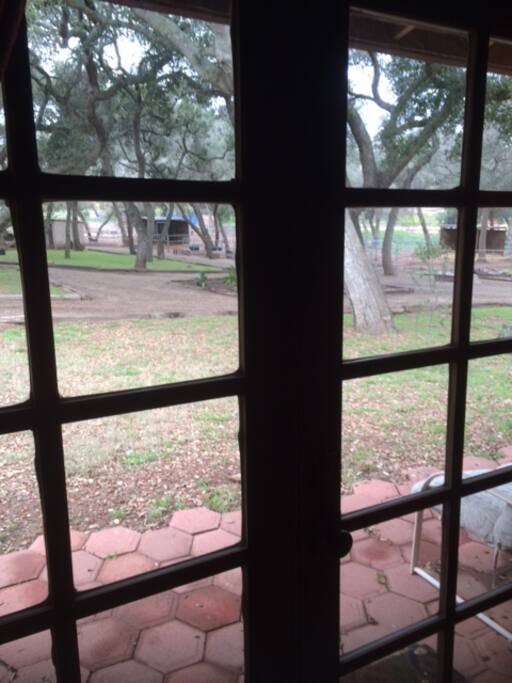 View of the horse corrals from the entry door.
