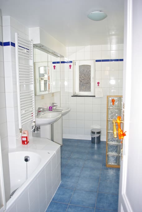 Salle de bain réservée à nos hôtes, spacieuse avec bain douche, bidet, WC et deux lavabos.