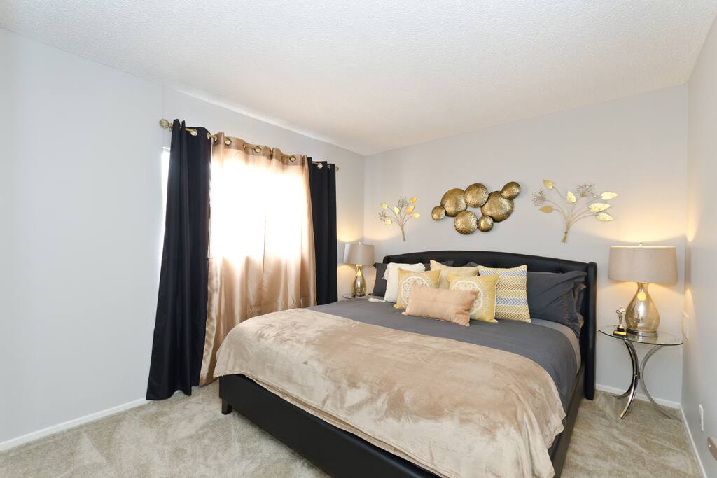 Gorgeous master bedroom with king size bed and 1500 thread count sheets
