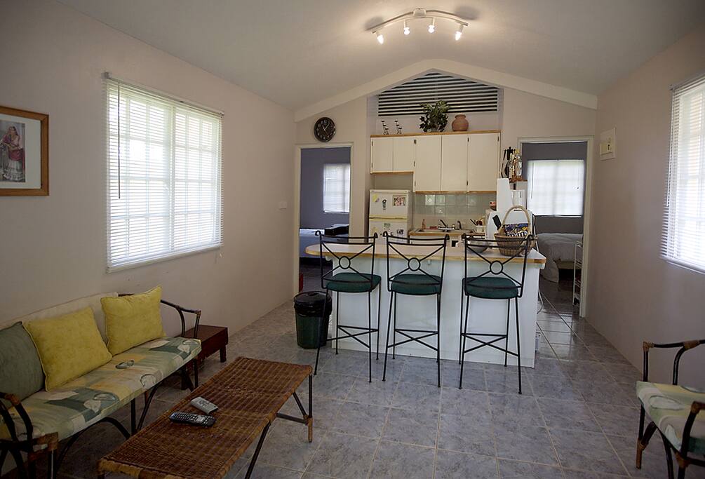 Combined living room and full kitchen with kitchen/breakfast bar.