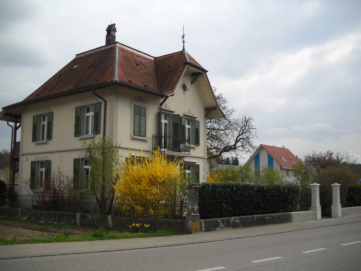 A charming two-story house with a sloped roof stands beside a road. Green shutters adorn the windows, complemented by a balcony above the entrance. Lush bushes and blooming yellow flowers surround the property, providing a vibrant contrast to the soft colors of the structure.