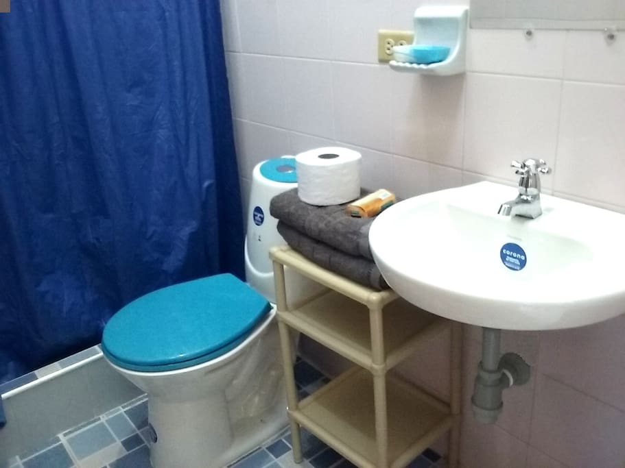HABITACIÓN PRIVADA DEL HUESPED: Baño con toallas, papel y jabón.