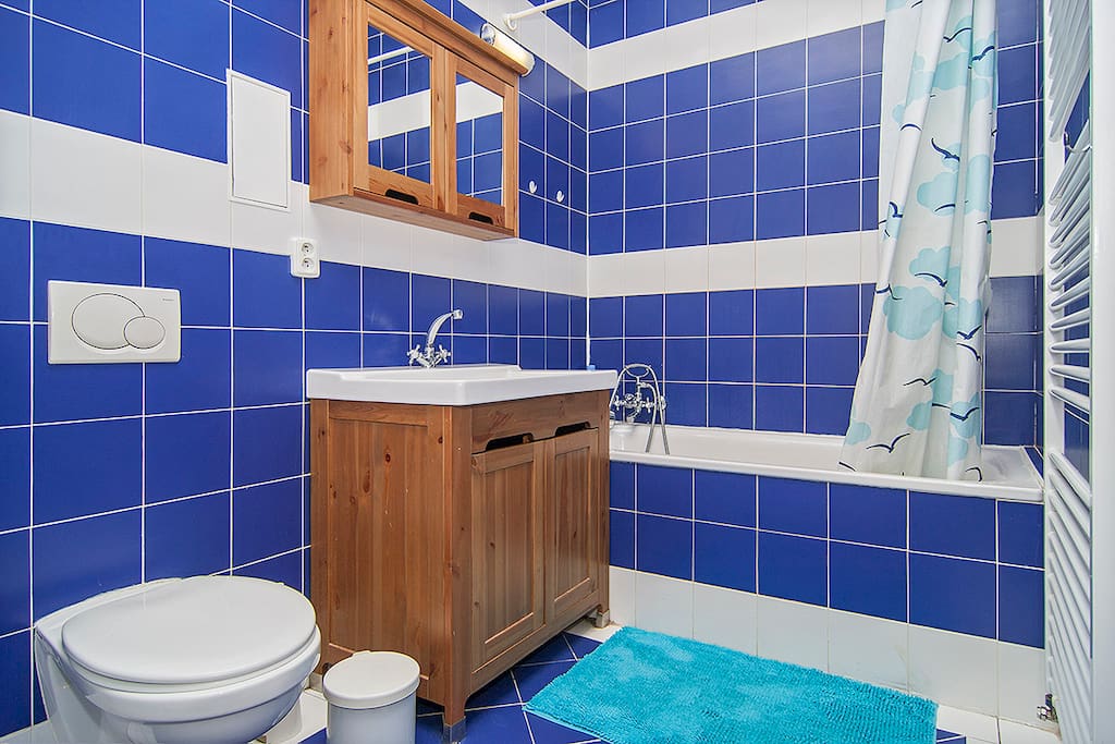 Private bathroom, new, bath, washing machine, toilets, hairdryer.