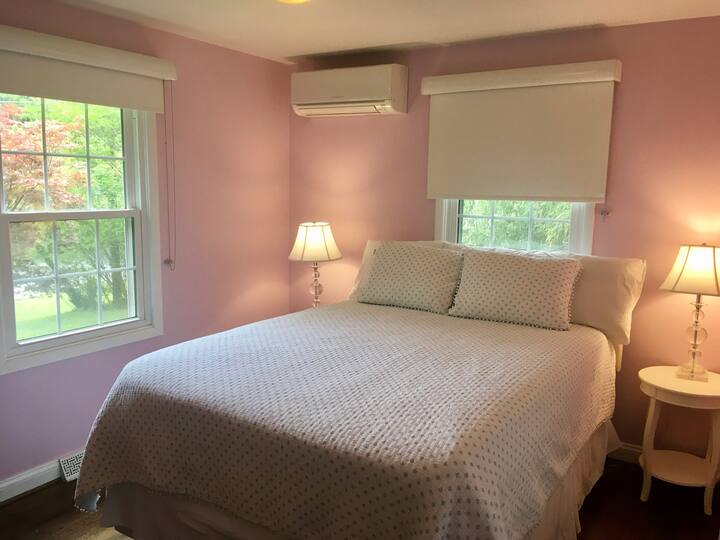 Second queen bedroom boasts a memory foam mattress topper, organic cotton sheets, and 100% cotton quilts.