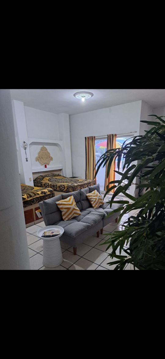 A snug living area features a gray sofa adorned with yellow accent pillows. Natural light is welcomed through large windows draped with vibrant curtains, and a decorative plant adds a touch of greenery to the space. The cozy layout invites relaxation.
