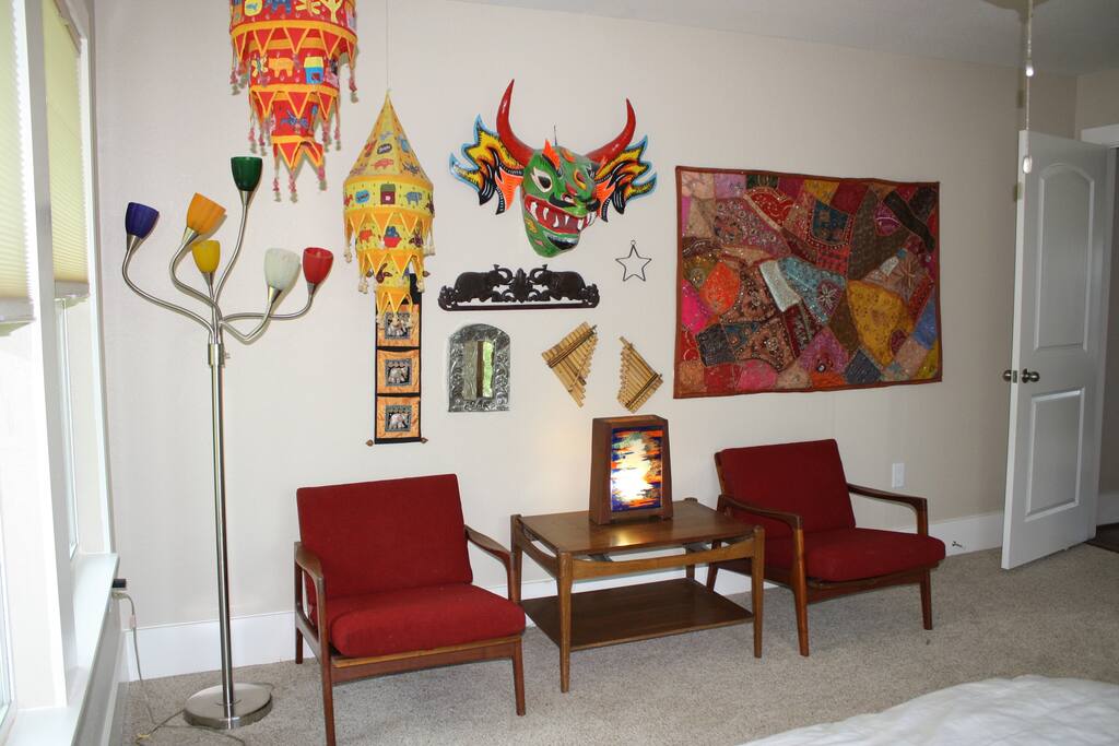 Relax in the Treehouse Bedroom surrounded by momentos from around the globe.