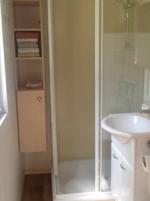 Badkamer met douche, wasbak en toilet