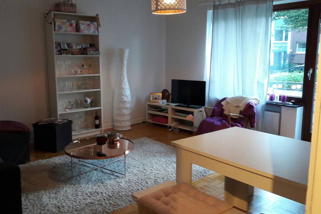 Wohnzimmer mit Schlafsofa, TV und Balkon-Zugang