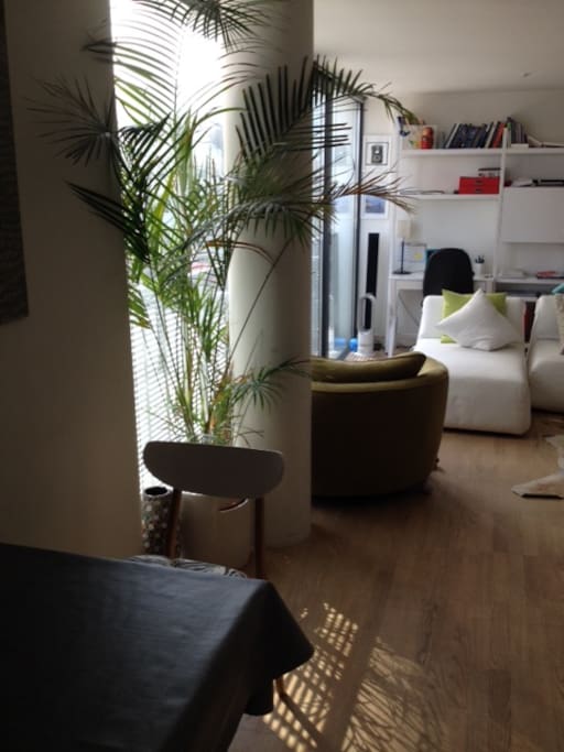 Open plan kitchen and living room, windows overlooking the Thames