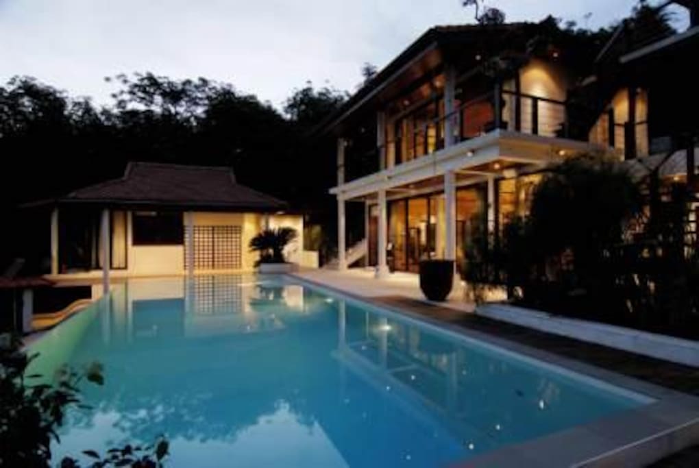 pool view at dusk from sala