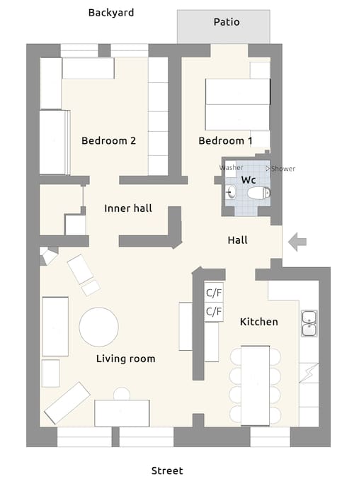 Apartment plan - the kitchen and livingroom facing a calm street with little traffic - the bedrooms are facing a quiet back yard.