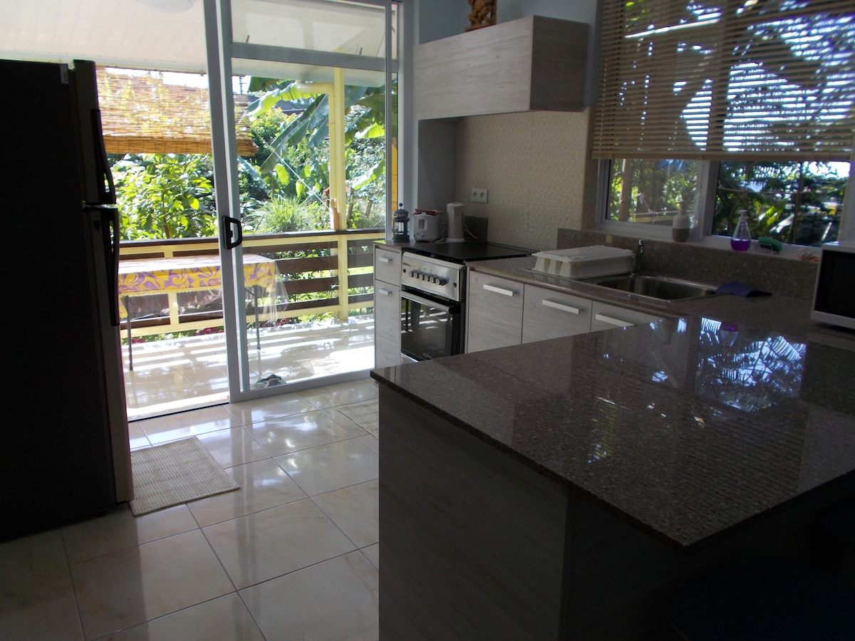The kitchen area features modern appliances, including a refrigerator and an oven. A spacious island counter offers additional workspace. Large glass doors lead to a terrace surrounded by tropical greenery, allowing natural light to fill the room.