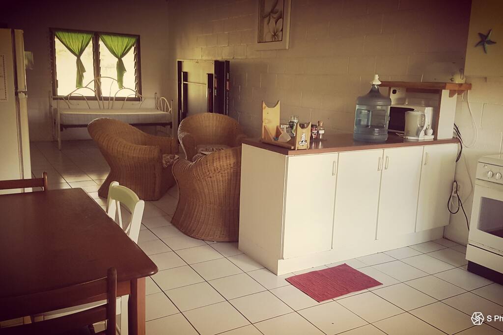 Kitchen and lounge with extra single bed