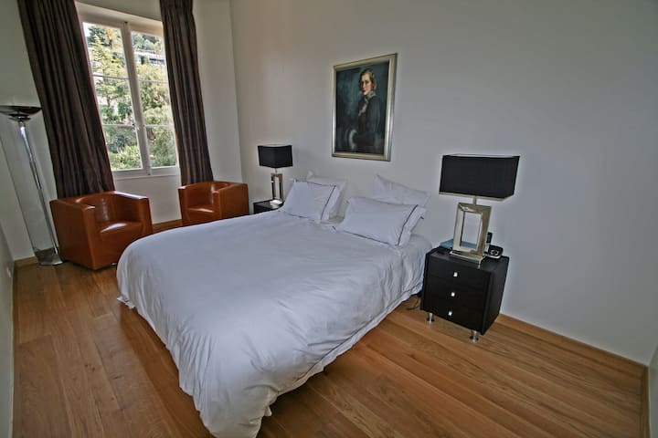 緑を見下ろすマスターベッドルーム、エアコン、テレビ、非常に大きなクローゼット、独立したバスルーム