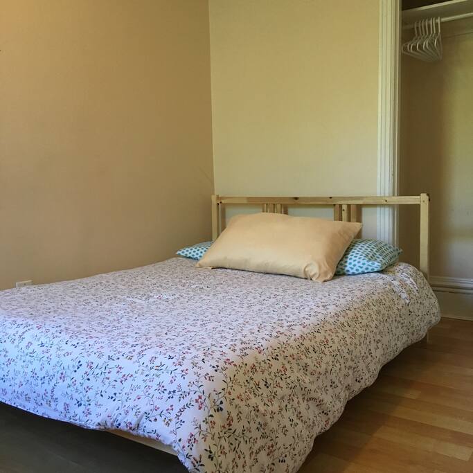 A Double sized Bed to fit 2 adults. With a closet and hangers.