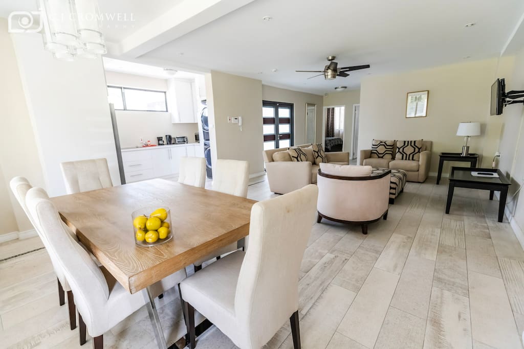 Comfortable living room area with ceiling fan and Samung SmarTV television. April 2018 update: Furniture layout was changed to accommodate television.