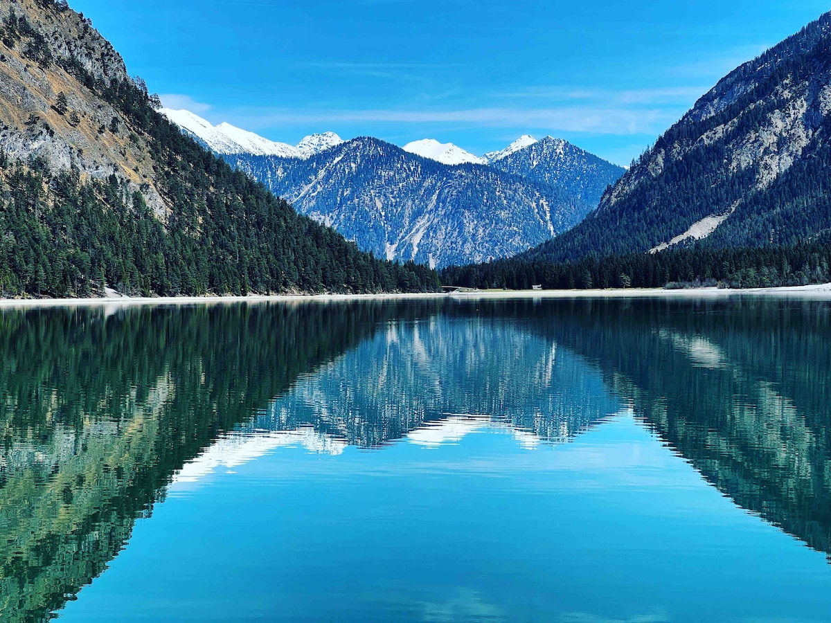 A serene lake reflects surrounding mountains under a clear blue sky. Lush green trees line the banks, enhancing the landscape's natural beauty. The water's still surface creates a mirror-like effect, showcasing the peaks and valleys of the distant hills.