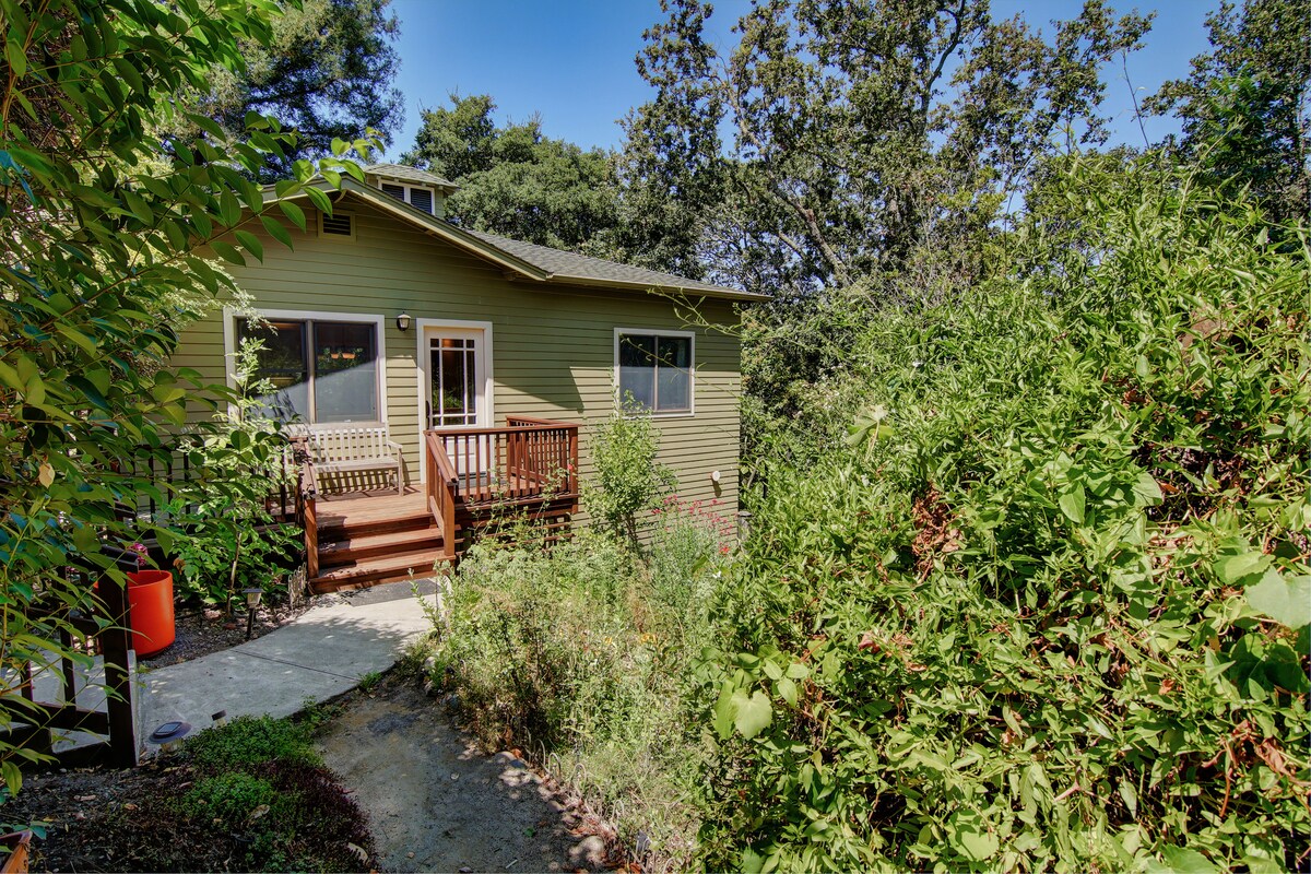 The exterior of a single-story home is surrounded by lush greenery and trees. A wooden deck with seating is visible, along with large windows that allow natural light to fill the interior. The path leading to the entrance is bordered by dense foliage.