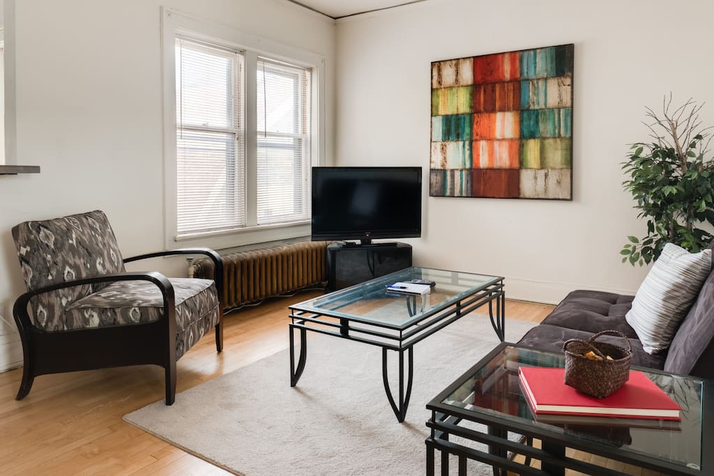 Living room has streaming TV and pull out futon for extra sleeping space.