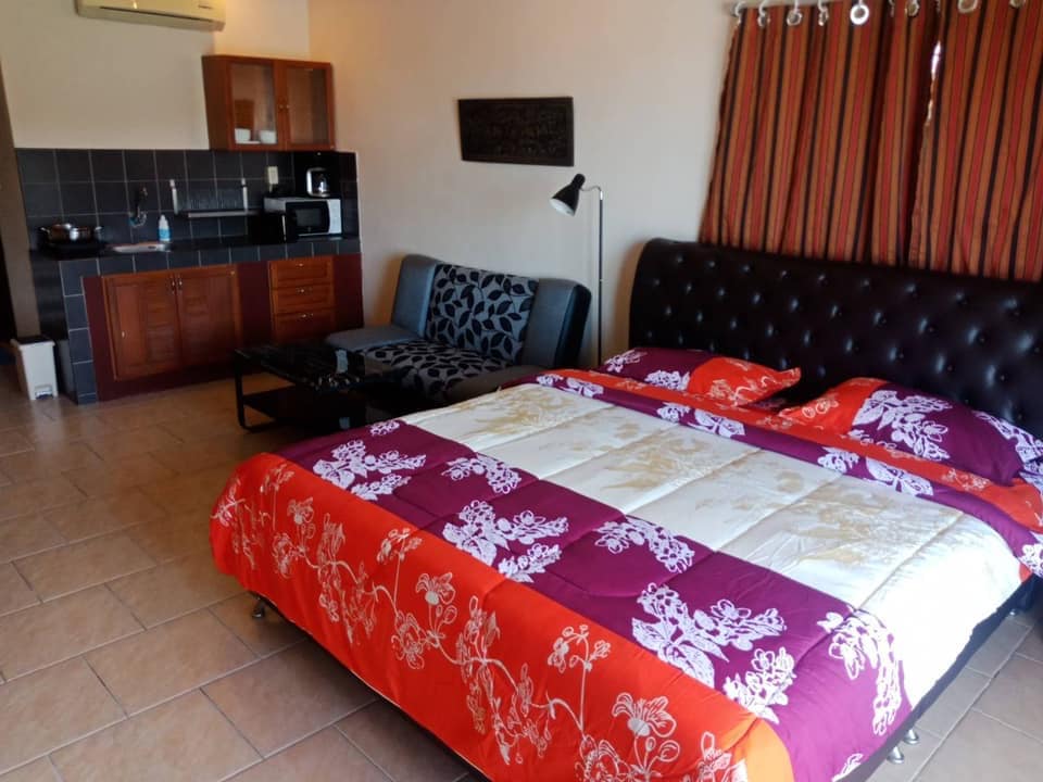 A studio apartment is depicted, featuring a spacious bed adorned with a colorful floral quilt. A black sofa with a patterned design is situated nearby, accompanied by a floor lamp. A kitchenette with wood cabinetry, a microwave, and other appliances is visible in the background.