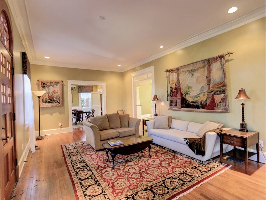 Expansive living room from the fireplace