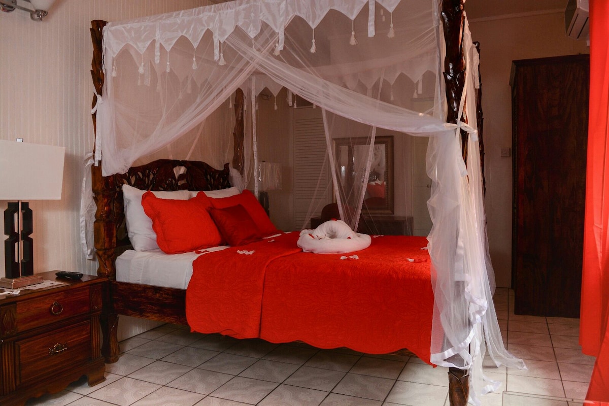 A spacious bed is framed by a decorative canopy, featuring white draping and ornate wooden posts. Vibrant red linens enhance the bedding, complemented by matching decorative pillows. Soft lighting is provided by a bedside lamp, and the tiled floor expands the room's openness.