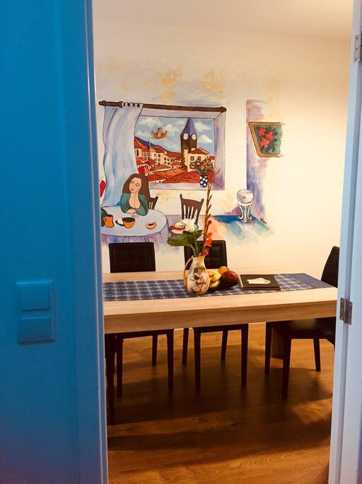 Portuguese style kitchen and living room where can also sleep two people