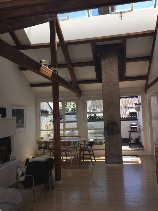 Big expandable dining table and a fireplace.