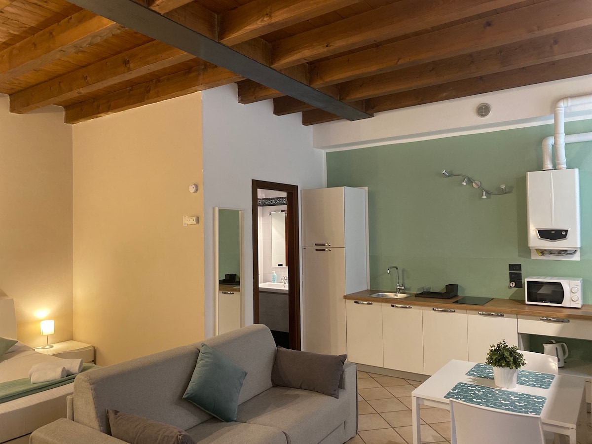 The open-plan living area includes a light-colored sofa, a white dining table, and modern kitchen appliances. Natural light enters through a nearby window. Exposed wooden beams on the ceiling enhance the spacious feel. A door leads to the bathroom, partially visible in the background.