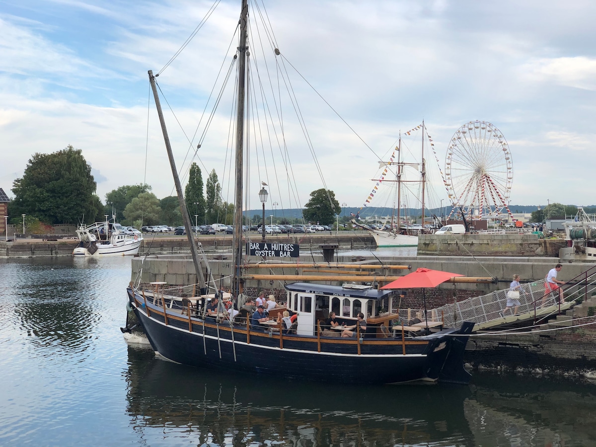 A historic sailing vessel is docked in the harbor, with several people seated on its deck. The background features a ferris wheel and a marina filled with boats, under a partly cloudy sky. The calm water reflects the surrounding scenery.
