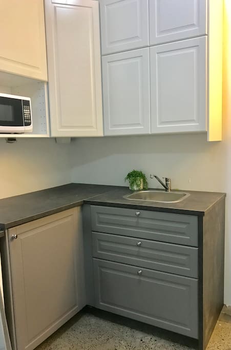 kitchenette with microwave, toaster, kettle, portable induction cook top and utensils