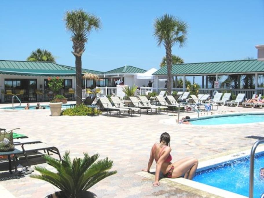 Enjoy three pools, one heated and one kiddie, lots of deck space and direct access to the beach