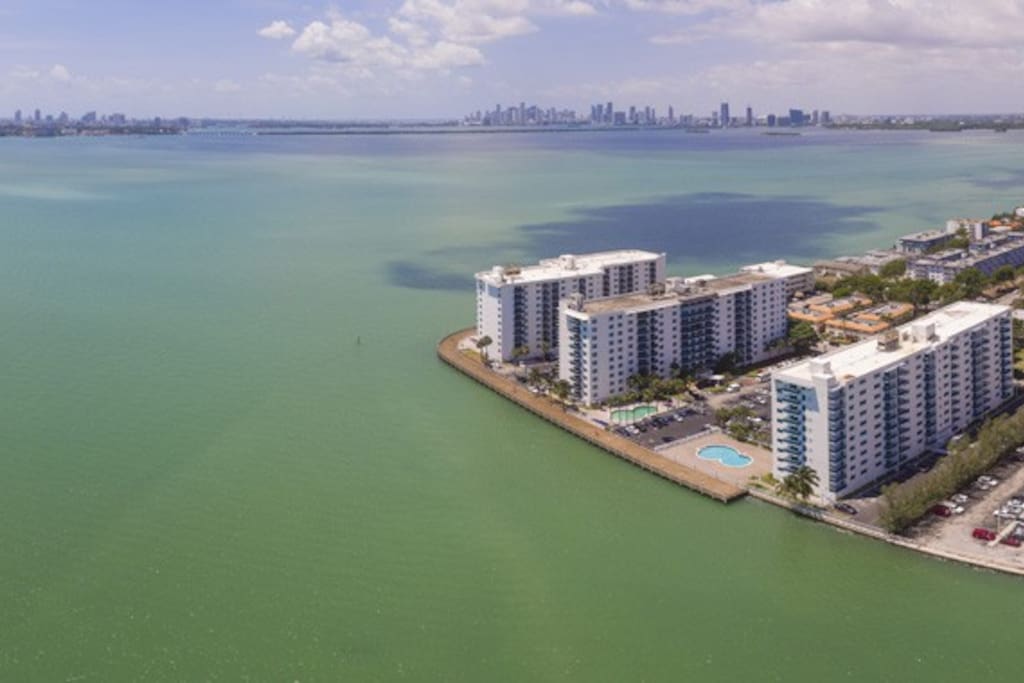 Aerial view of my building (3rd & far lower right) and downtown Miami skyline in the background