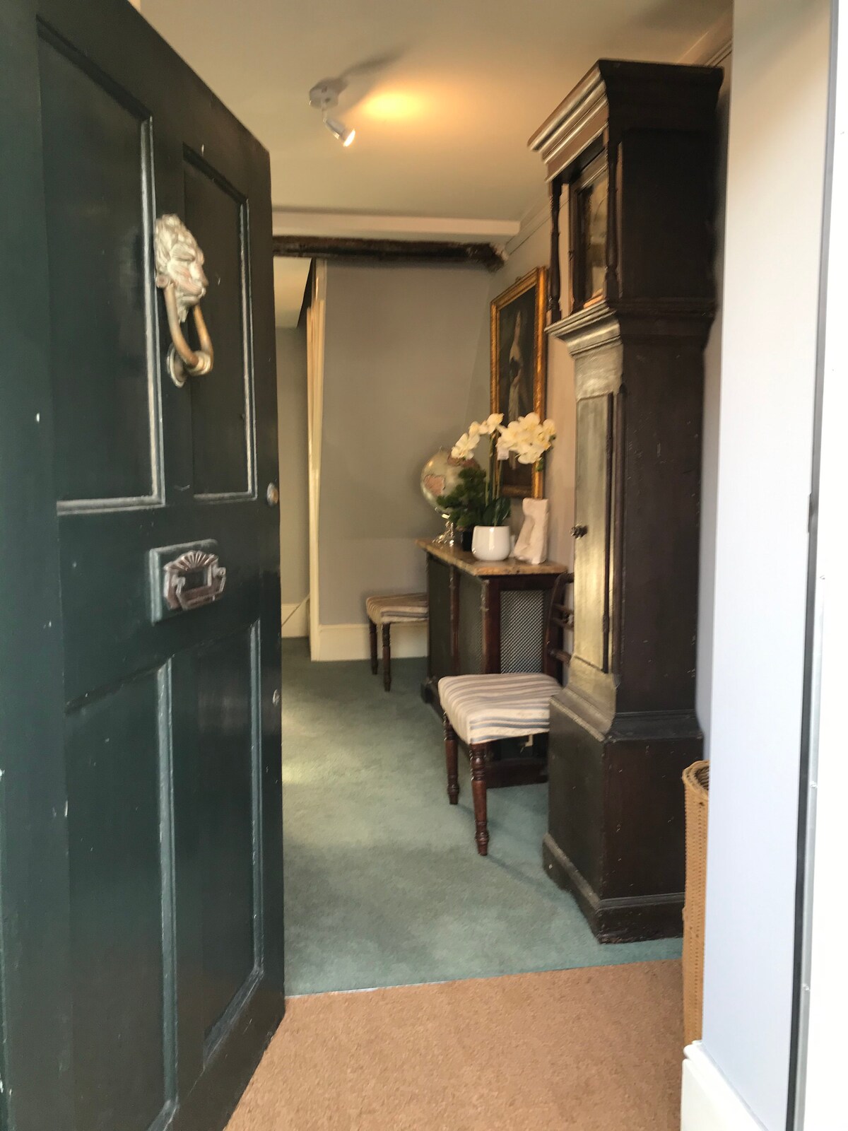 An inviting entrance features a large green front door and a view of a hallway leading into the home. A narrow table holds a vase of white flowers, with two wooden chairs placed nearby. The walls are painted in soft tones, and warm lighting highlights the space.