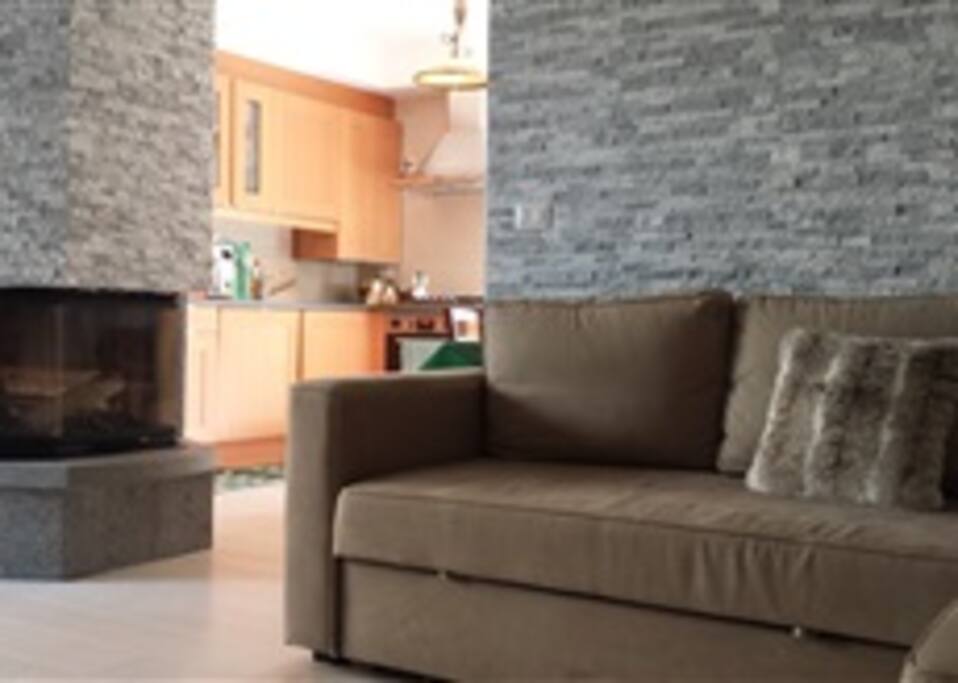 salone con divano letto e camino