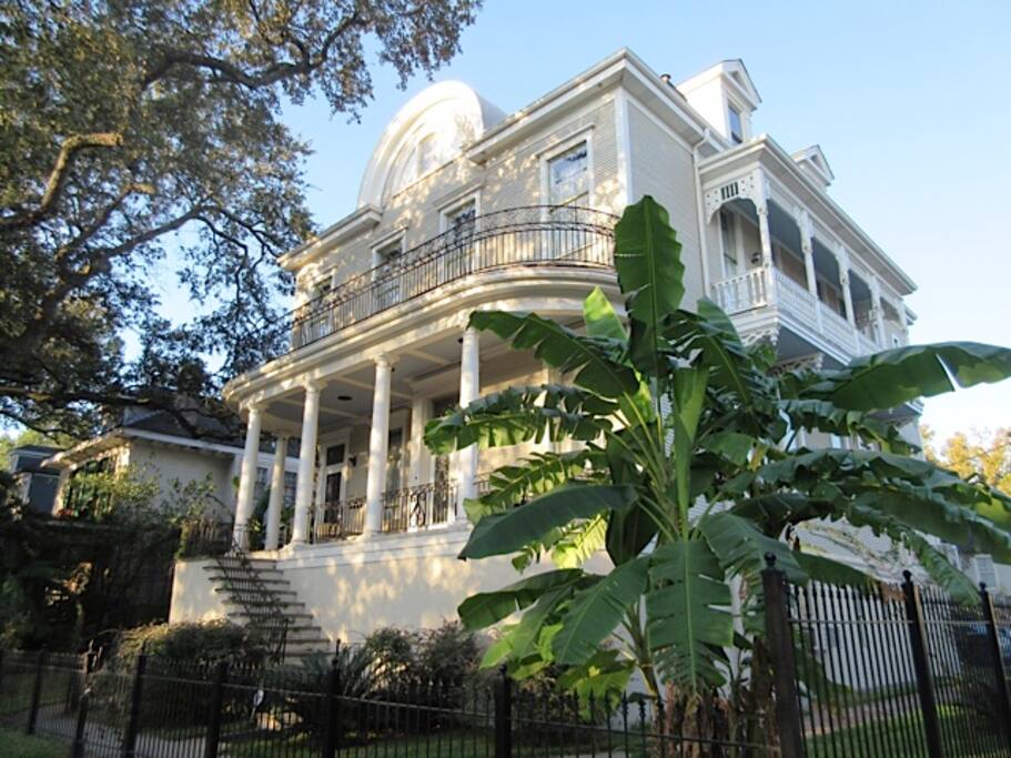 Side view of the antebellum with banana, lemon and Japanese plum trees