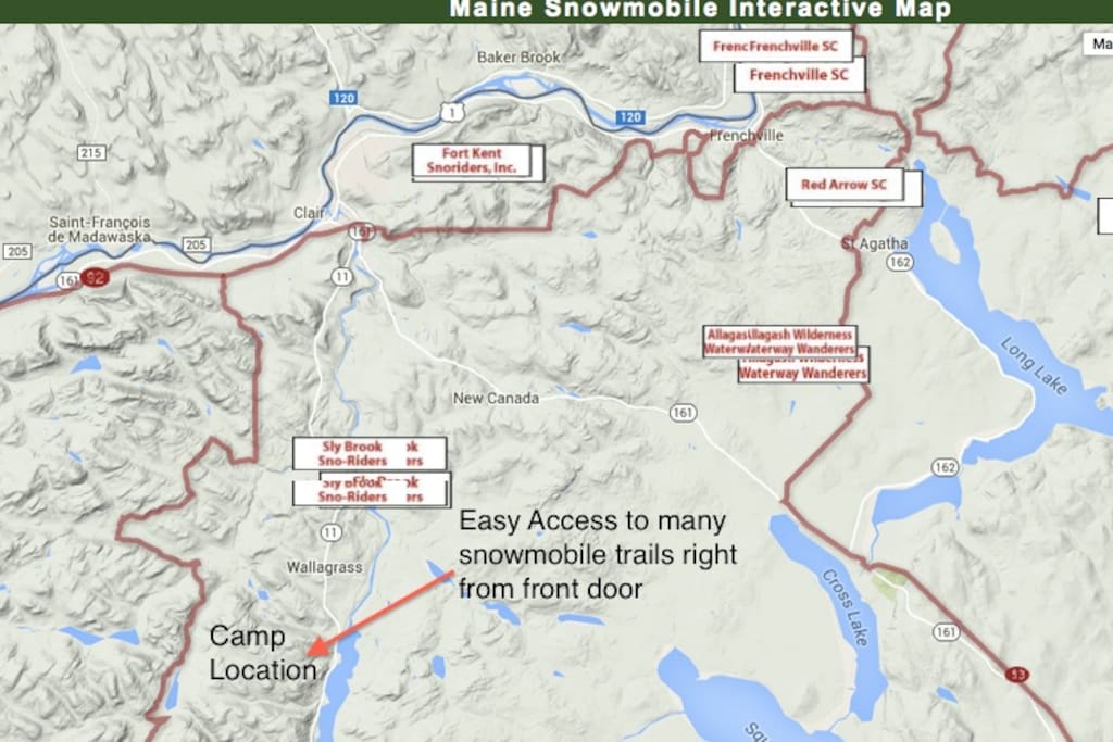 Numerous snowmobile trails heading from front door of lake-house