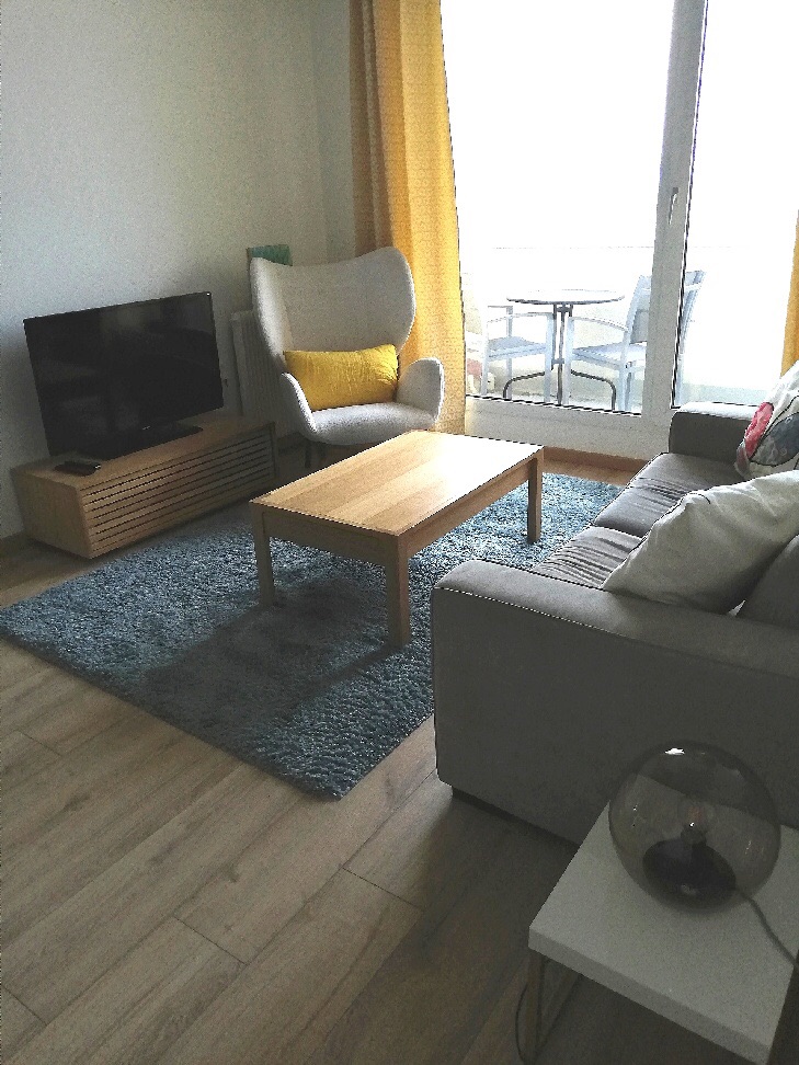 A living area is presented with a soft gray sofa and a light wooden coffee table on a plush blue rug. A television is positioned on a low wooden console. A tall, light-colored chair offers additional seating, complemented by yellow curtains filtering natural light.