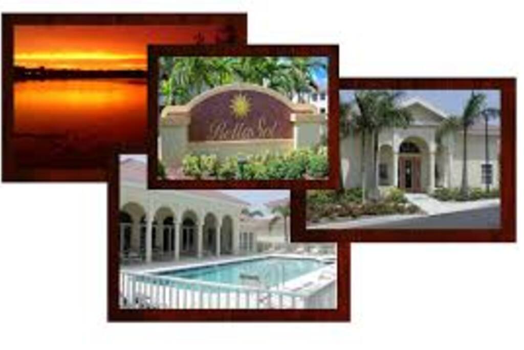 entrance to Bellasol Community, clubhouse building, Bellasol pool and sunset view from Bellasol