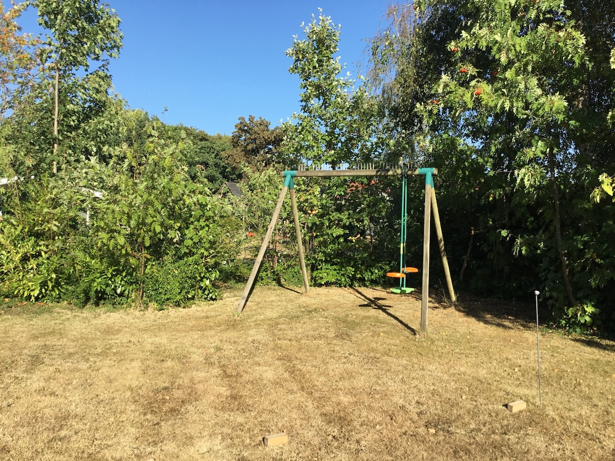 A swing set is positioned in a grassy area with sparse vegetation, surrounded by trees and shrubs. The clear blue sky above creates a bright backdrop, while the well-maintained lawn offers space for outdoor activities.